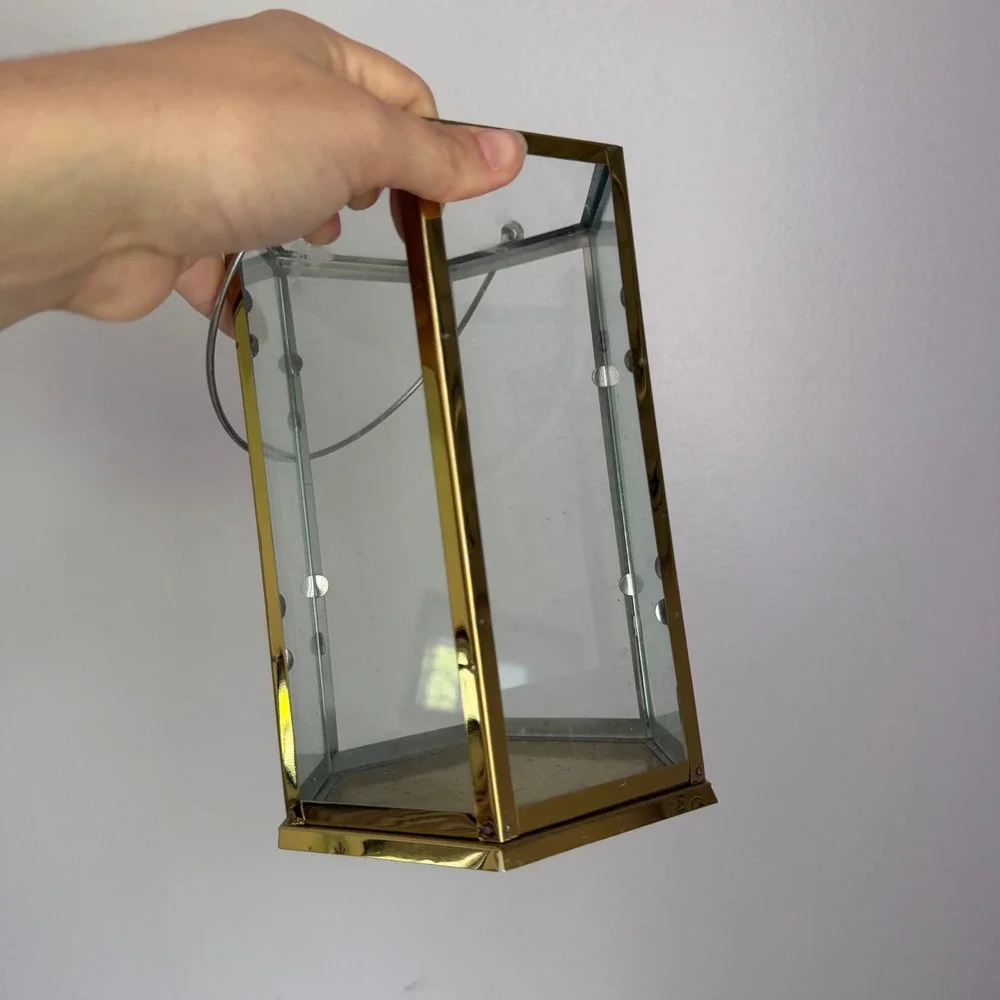 Gold Hexagon Glass Lantern Candle Holder Hanging Decorative Centerpiece 8.5in